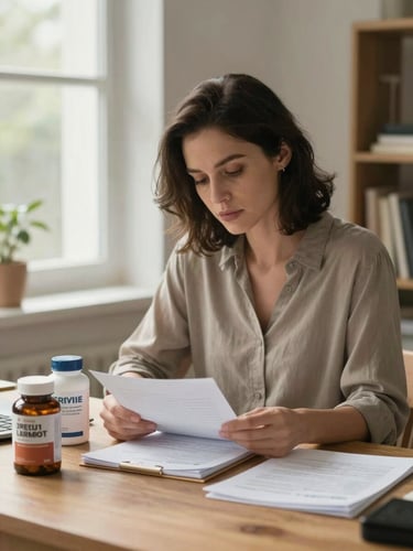 Medium shot of a woman at a desk, reviewing notes next to two supplement bottles, natural daylight from a window to her left, looking down at paper with focused expression, real home-office context, warm neutral tones