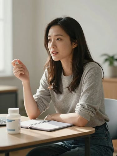 Medium shot of a woman speaking naturally while seated at a small table with a notepad and supplement bottle in front of her, soft north-facing daylight, relaxed posture, real home-office setting, no posed styling