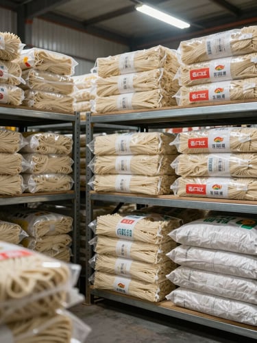 Wide-angle clean commercial food photography, bulk boxes and industrial sacks of noodles stacked neatly on steel racks, bright daylight warehouse lighting.