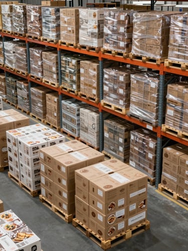 Clean, high-end industrial warehouse interior in daylight, organized pallets of imported food boxes with clear Asian brand labels, high-angle structured composition.