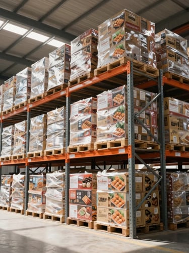 Wide-angle industrial warehouse interior, tall steel racks loaded with neatly organized wholesale pallets of Asian food imports, bright clean daylight, professional logistics setting.