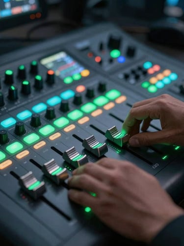 Moody tech photography of a professional video switcher console, hands adjusting faders, glowing neon green and cyan button indicators, shallow depth of field, 35mm