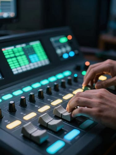 Close-up of hands operating a professional video switcher in a dark production control room, vibrant cyan and green neon tally lights, shallow depth of field