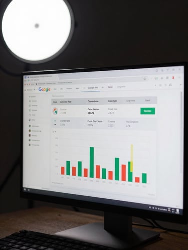 Tight crop of a Google Ads campaign dashboard on a monitor — conversion rate column, cost-per-click figures, and a ROAS bar chart in focus, high-contrast studio strobe lighting from the upper left, dark background, shallow focus on the screen with keyboard edge barely visible at bottom