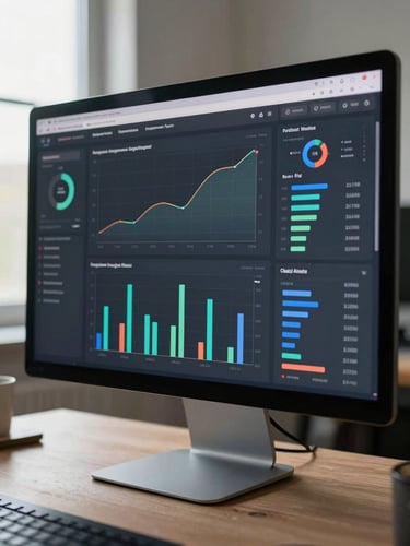 Wide-angle view of a social media analytics dashboard on a desktop monitor — engagement rate, follower growth curve, and post-performance bar charts visible, dark mode interface, clear daylight from a side window illuminating the desk, shallow depth of field, monitor fills the frame