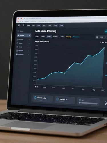 Close-up of a laptop screen showing an SEO rank-tracking dashboard — keyword positions climbing over a 90-day chart, organic traffic graph trending upward, clean dark UI, high-contrast studio lighting from the left, tight crop on the monitor with blurred desk edge at bottom