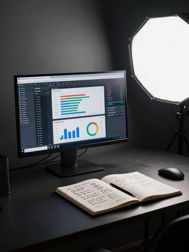 Wide panoramic view of a dark minimal desk workspace, a large monitor showing a live analytics dashboard with conversion funnels and campaign metrics, a notebook with handwritten strategy notes in the foreground, high-contrast studio strobe from the upper right, deep shadows on the left, monitor glow as the primary light source, no person visible