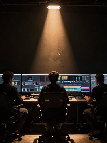 Wide panoramic 21:9 frame, heavily shadowed silhouette of an editing bay in a dark room, a single sulfur-gold light beam cutting through dust motes, extreme chiaroscuro lighting, deep true black shadows, no fill light.