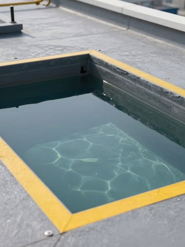 Close-up of a technical water ponding test on a grey industrial rooftop, clear water reflecting bright daylight, yellow safety markings, professional photography.