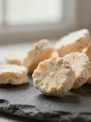 Macro close-up of raw-textured freeze-dried treats on a dark stone surface, soft window light, shallow depth of field