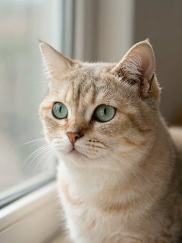 Macro eye-level shot of a cat waiting expectantly, soft window daylight, warm cream and sage tones, shallow depth of field