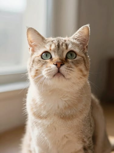 A close-up shot of a majestic domestic cat waiting in soft morning daylight, looking up with anticipation, warm editorial style, shallow depth of field