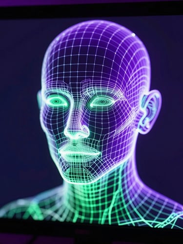 Extreme close-up of a glowing digital avatar wireframe, cyber-punk studio lighting, vibrant neon purple and green backlighting, sharp vector lines on a dark monitor screen