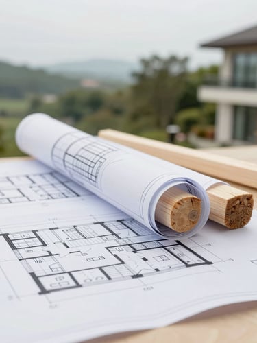 Close-up detail of architectural blueprints and raw timber on a modern resort site, natural overcast daylight, 35mm lens