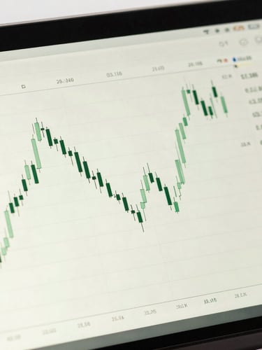 Close-up detail of financial charts on a high-end laptop screen, soft studio lighting, clean editorial style.