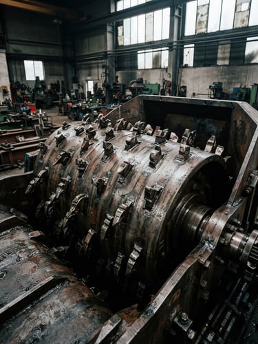 Low-angle close-up of a massive raw steel cutting drum inside the Bavarian assembly hall, sharp metal teeth, cold steel tones, rugged industrial photography.