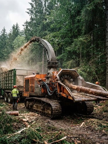 Heroic low-angle wide shot of a massive self-propelled Silvator wood chipper clearing a dense Bavarian forest, overcast daylight, deep greens and cold steel tones, 35mm