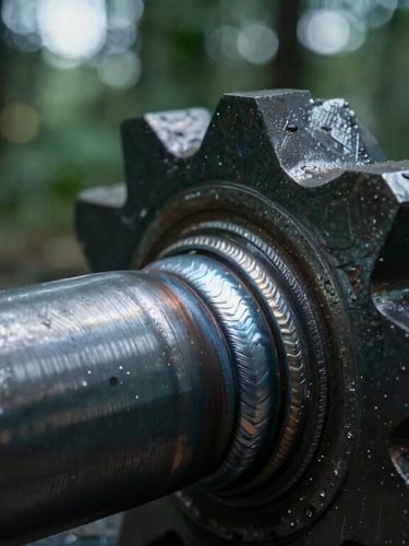 Macro close-up of heavy-duty steel cutting drum welds, cool workshop lighting, high-contrast raw metal textures and sharp details