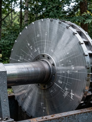 A technical CAD blueprint overlaying a heavy steel cutting drum, cold steel gray lines, high-contrast engineering schematic, precise mechanical detail, 35mm.
