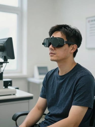 A patient wearing state-of-the-art videonystagmography goggles, sitting in a stable position in a bright medical office, soft daylight, clinical setting.
