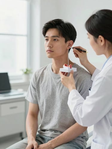 Seated patient in a bright, modern clinical room, looking forward with a calm expression, an otolaryngologist in a white coat explaining a detailed physical model of the inner ear, soft diffused daylight, stable eye-level shot.