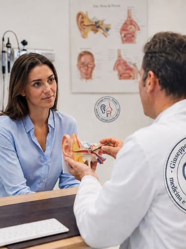 otorino Porro utilizza modello anatomico dell'orecchio per spiegare ad una paziente funzione udito