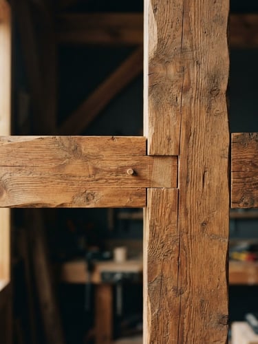 Close-up of a perfectly aligned mortise and tenon joint in warm cedar timber, sharp focus on wood grain, natural high-contrast window light, 35mm