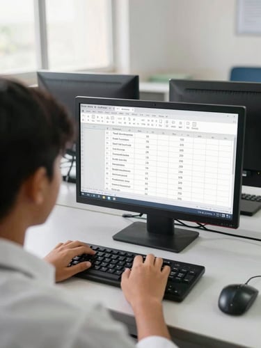 Over-the-shoulder view of a student practicing Excel formulas on a desktop computer in a bright, clean Lucknow classroom, natural daylight, 35mm