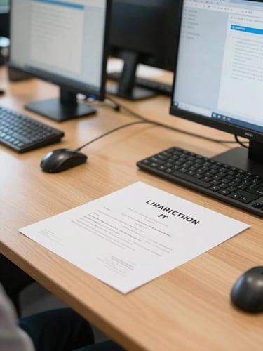 Bright classroom photography, natural daylight, authentic computer lab setting, close-up of a student printed IT diploma on a clean wooden desk, realistic tones, 35mm