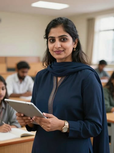 A professional Pakistani female lecturer standing confidently in front of a modern university lecture hall, holding a digital tablet, soft focus on students in the background, bright natural lighting.
