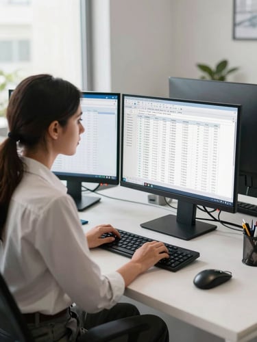 A clean modern office in Islamabad, a professional woman reviewing structured data on a dual-monitor setup, bright natural daylight, high clarity.