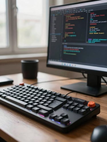 Close-up of a clean software developer workspace in Pakistan, natural window light, mechanical keyboard, code editor visible on screen, high clarity.