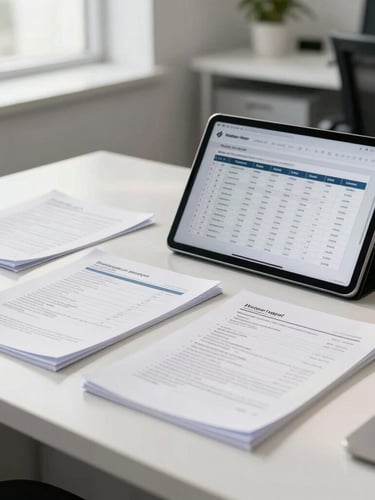 Brightly lit modern administrative office in Islamabad, clean desk with official documents and a digital tablet showing structured database tables, natural daylight, professional environment.