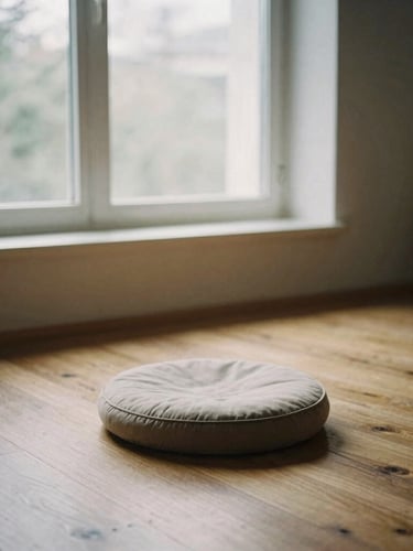 A quiet, empty meditation room in Bucharest, soft morning light filtering through a window, wooden floor, a single round zafu cushion, minimalist and peaceful, 35mm film.