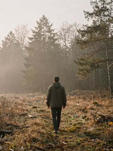 Wide environmental shot of Eugen Mîrtz walking through a quiet, misty Romanian forest at golden hour, soft diffused daylight, muted earth tones.