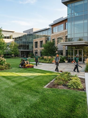 Wide shot of a modern commercial property exterior, freshly manicured lawn with crisp edges, crew members in clean uniforms operating professional equipment in the background, bright morning sunlight, rich natural greens and warm earth tones, sharp focus, 35mm