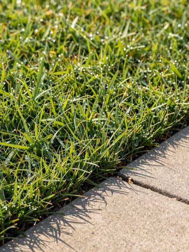 Close-up of freshly cut lawn edges meeting a concrete walkway, dew on grass, bright morning sunlight, sharp focus, 35mm