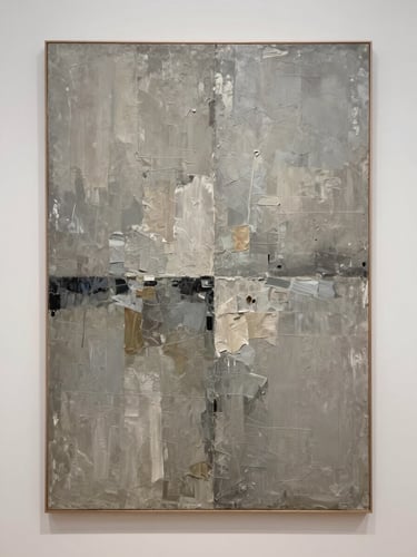 Large abstract artwork photographed straight-on against a neutral gallery wall, even north-facing daylight, thick impasto texture and layered stone-grey tones across a tall vertical canvas, no people, no objects, full artwork visible in frame