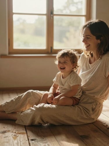Intimate portrait of a mother laughing with her toddler on a rustic wooden floor, warm natural window light, soft focus, candid cinematic interaction.