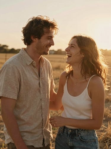 Cinematic warm lifestyle portrait of a couple laughing together in a sun-drenched golden hour field, backlit, candid 35mm