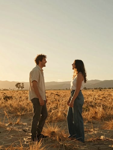 A candid wide shot of a couple laughing together in a sun-drenched California meadow at golden hour, warm backlighting, cinematic 35mm film style.