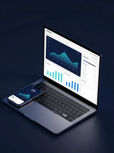 Isometric mockup of a laptop and smartphone displaying a modern, high-performance web dashboard. Clean user interface with sharp charts, dark mode aesthetic, cool professional blue ambient backlighting, high contrast.