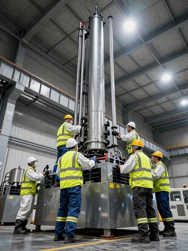 Low-angle heroic shot of a professional industrial cleaning crew in high-visibility vests and PPE, working on heavy machinery inside a vast, well-lit warehouse. High-contrast industrial lighting, cool steel tones with safety yellow accents, wide-angle lens.