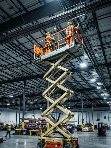 Wide-angle shot of a high-reach scissor lift cleaning a warehouse ceiling, industrial lighting, crew in high-visibility PPE, safety yellow accents.