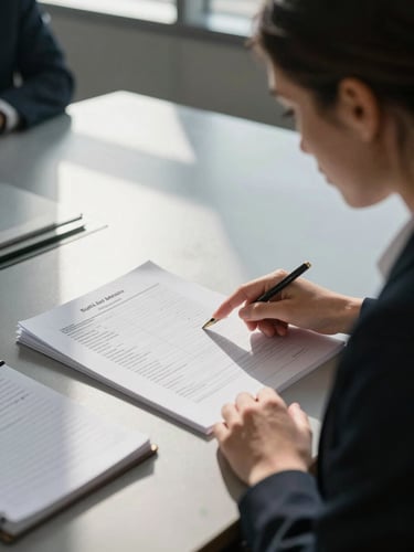 Close-up environmental shot: attorney Sofia Medina leaning over a conference table reviewing a printed medical report, one hand pointing to a line of text, afternoon window light casting long shadows across the table surface, notepad with handwritten figures visible nearby