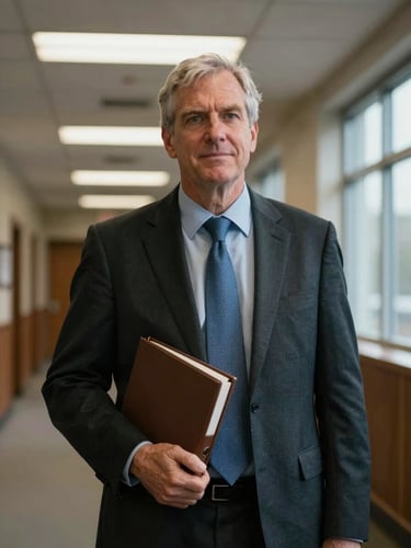Environmental portrait of James Rourke, a seasoned male attorney, standing in a courthouse corridor with ambient fluorescent and window light, case binder at his side, shot from a low angle looking up toward him, no posed smile