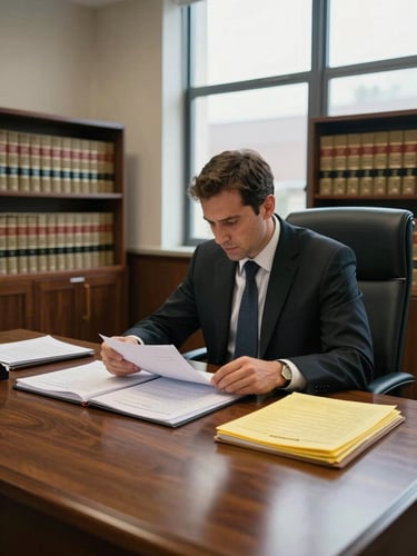 Environmental wide shot of a named attorney at a heavy wooden desk in a courthouse-adjacent office, natural window light falling across open case files and a yellow legal pad, the attorney leaning forward reviewing documents, bookshelves of law volumes visible behind — documentary framing, no studio lighting, no posed smile