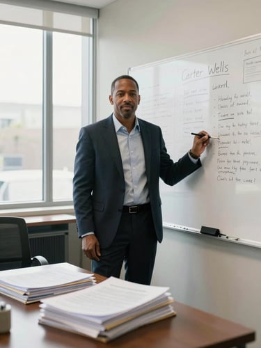 Wide environmental portrait: attorney Carter Wells standing beside a whiteboard covered in handwritten contract terms, natural office light from a window behind him, a stack of bound agreements on the table in the foreground, shot from across the room