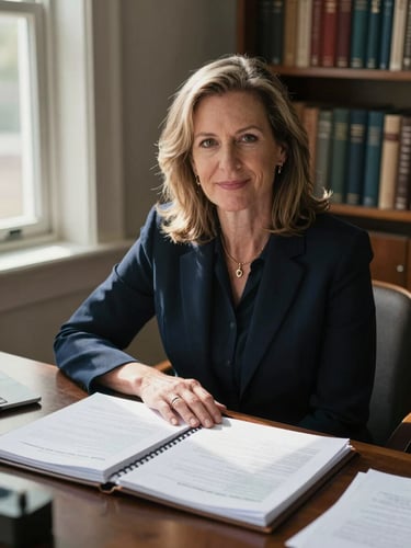 Environmental portrait of Diane Hargrove, a mid-career attorney, seated at her desk in natural window light, case files open in front of her, bookshelves visible behind, shot from slightly above and to the right, no posed smile
