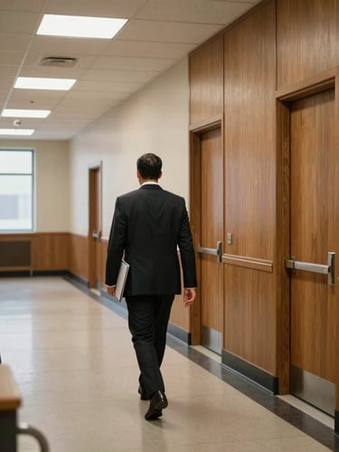 Wide environmental shot looking down a courthouse corridor, an attorney in a dark suit walking away from camera toward tall wood-paneled doors, natural overhead fluorescent and window light from the left, case folder tucked under arm — real courthouse setting, no posed stance, documentary framing